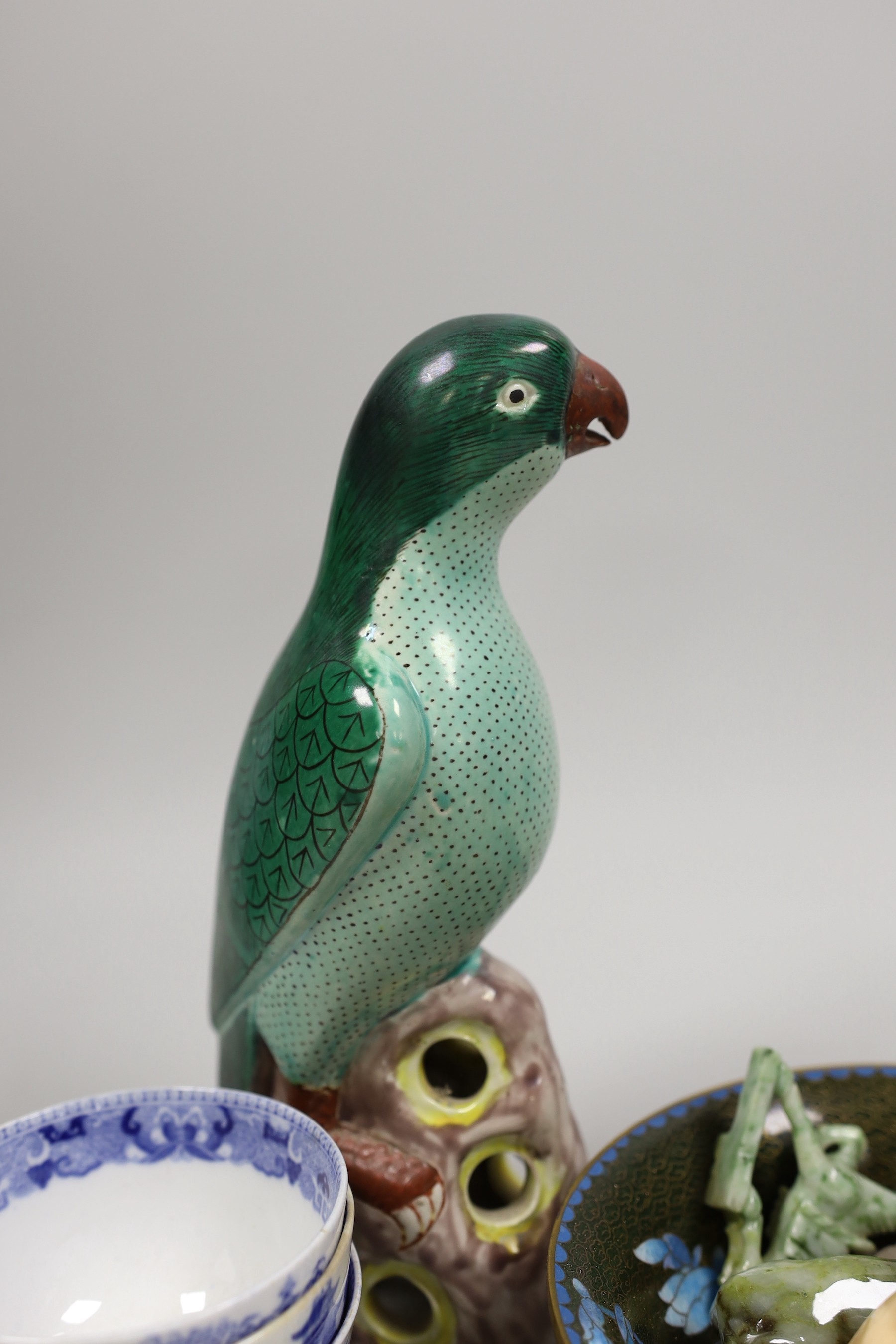 A group of Chinese hardstone carvings, a cloisonné enamel bowl, famille rose dishes and four blue and white bowls and model bird. Tallest 23cm